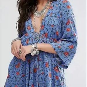 Free people Floral Blue Dress with Red Accents